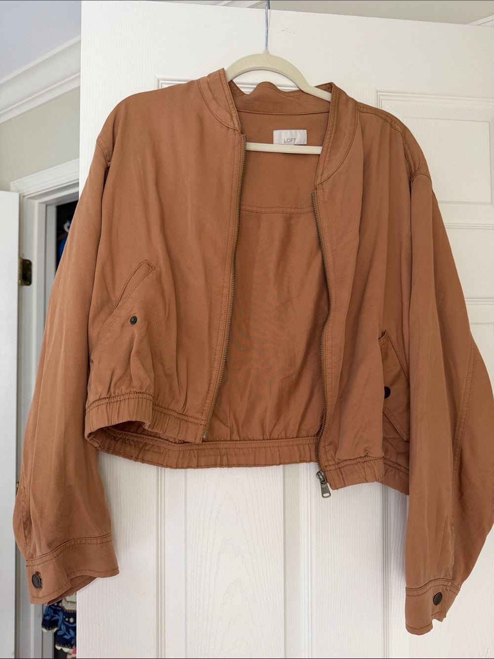 LOFT Cropped Bomber Jacket in Rust Brown